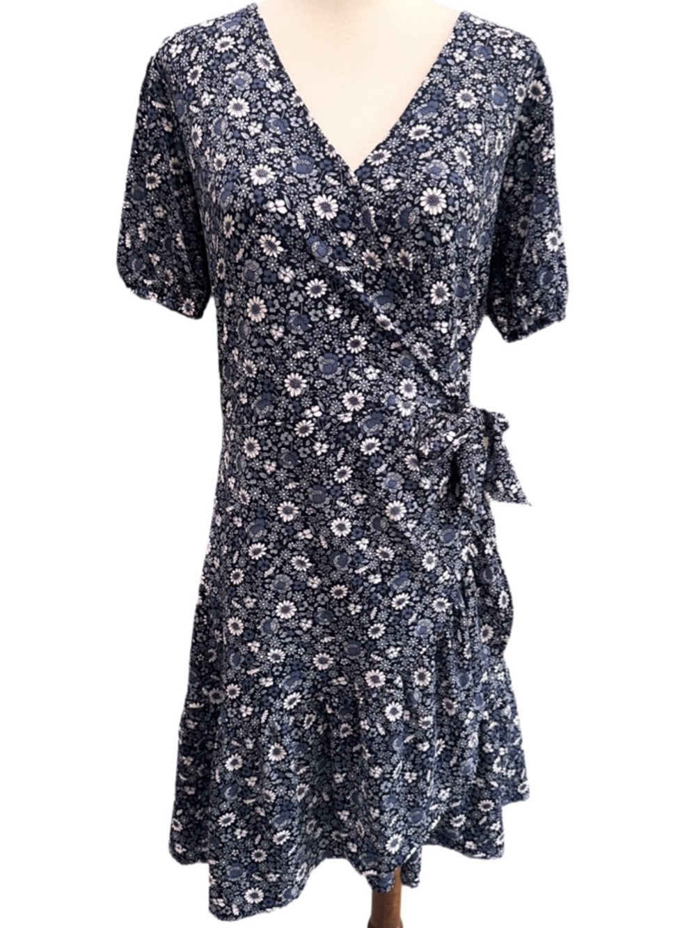 Michael Kors Navy Floral Wrap Mini Dress Puff Sleeves Ruffle Flounce Hem